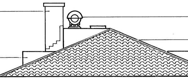 Rev D of the west elevation: the chimney with a metal siren mounted beside it, boxed as a change.