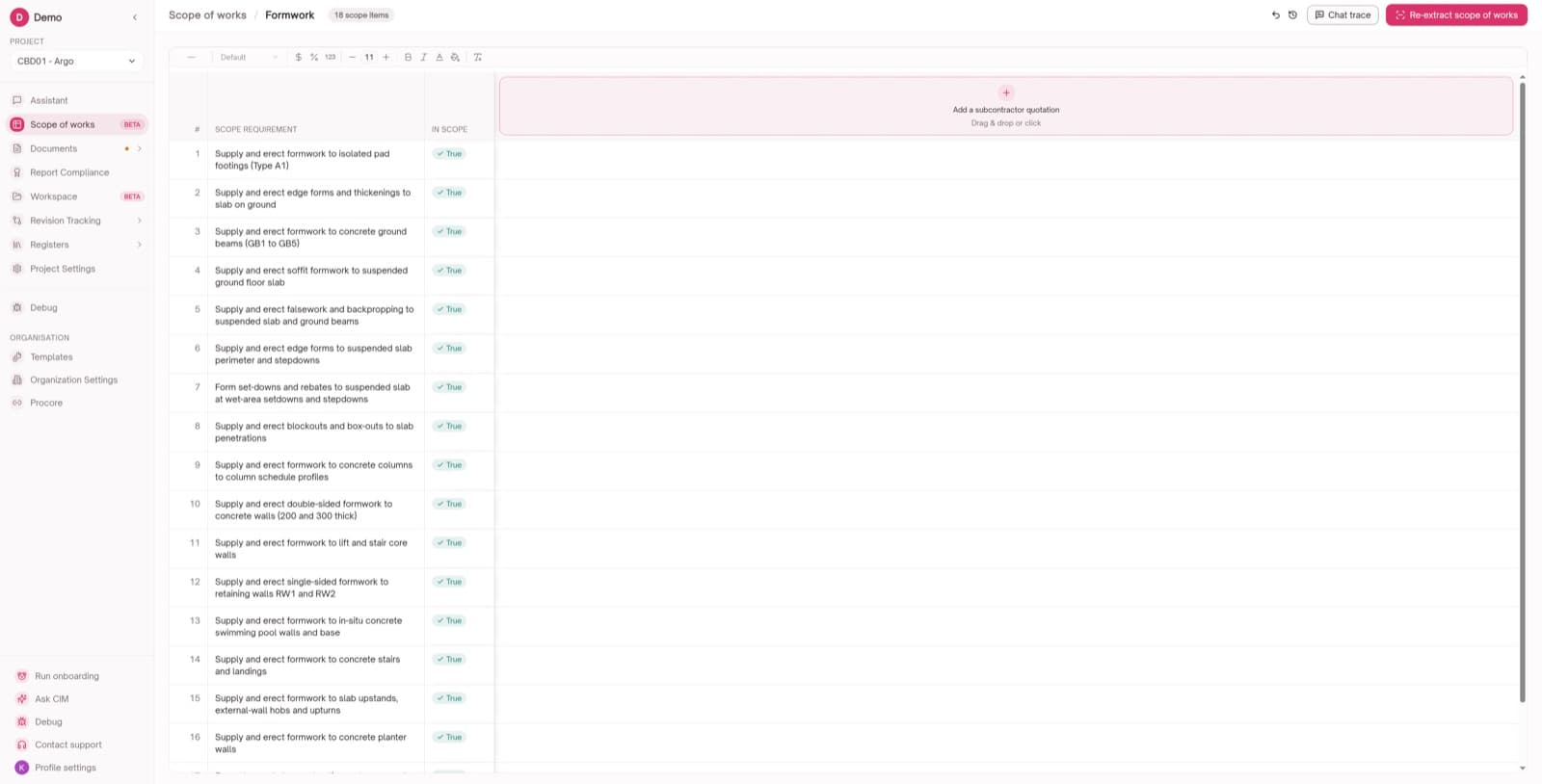CIM's scope of works screen for the formwork trade: eighteen scope requirements read from the documents, each marked in scope, with a drop zone for a subcontractor quotation to match against them.