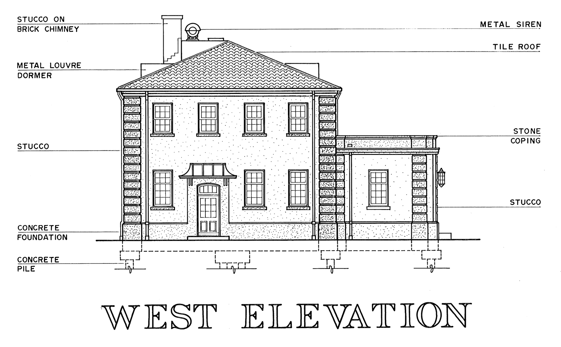 West elevation of the MacDill Air Force Base fire and guard house, a measured drawing from the Historic American Buildings Survey, with a small canopy over the entry door and a finding pinned to it: canopy shown on the elevation only, nothing in the structural set, steel not priced